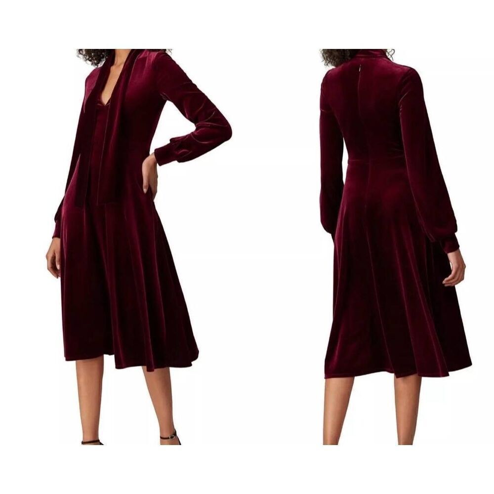 Black Halo Ruby Tie-Neck Stretch Bishop Sleeve Velvet Burgundy Dress Sz 6